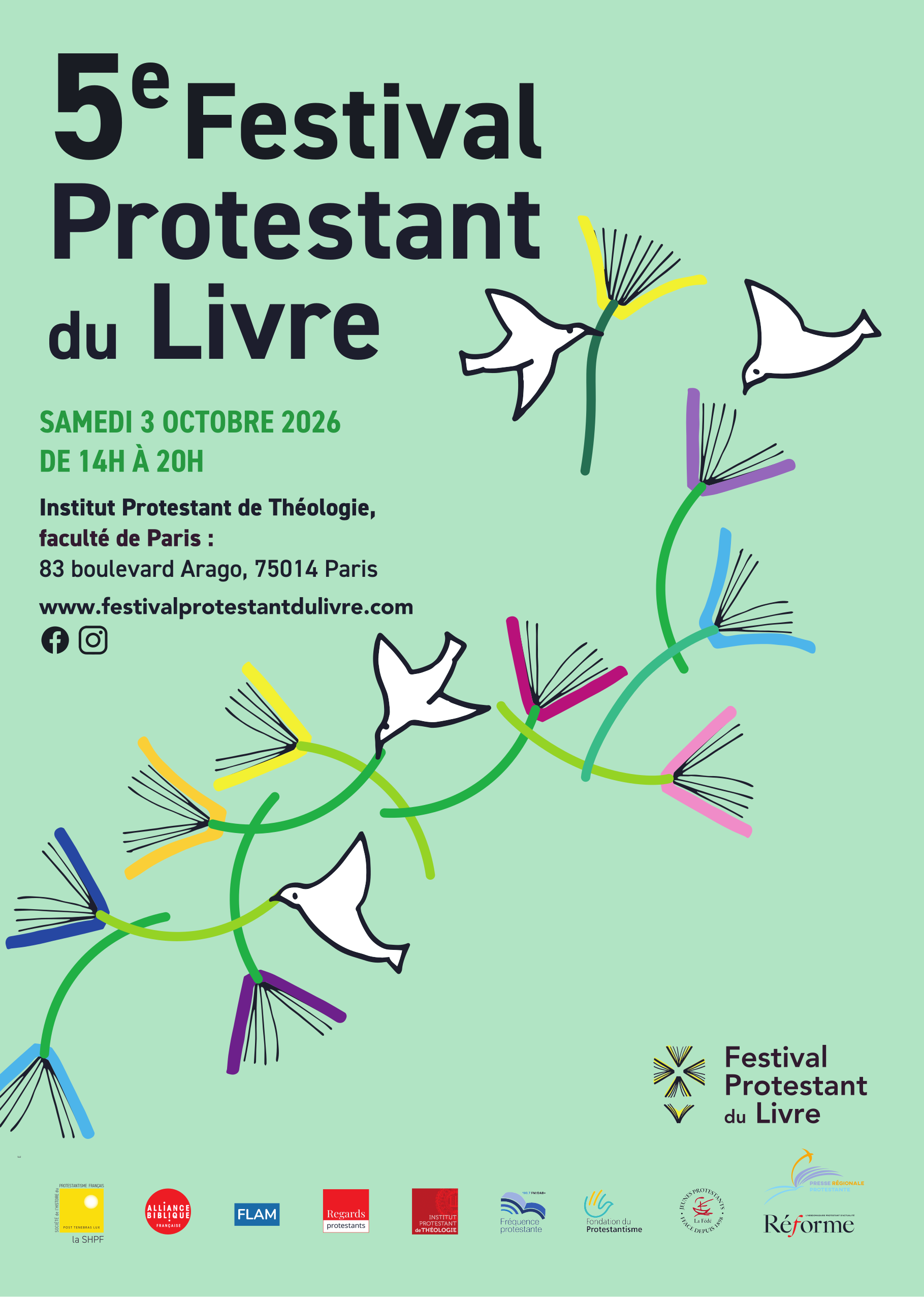 Affiche de la 5e édition du Festival protestant du livre, avec la date : 3 octobre 2026, et le lieu : Faculté de théologie protestante de Paris